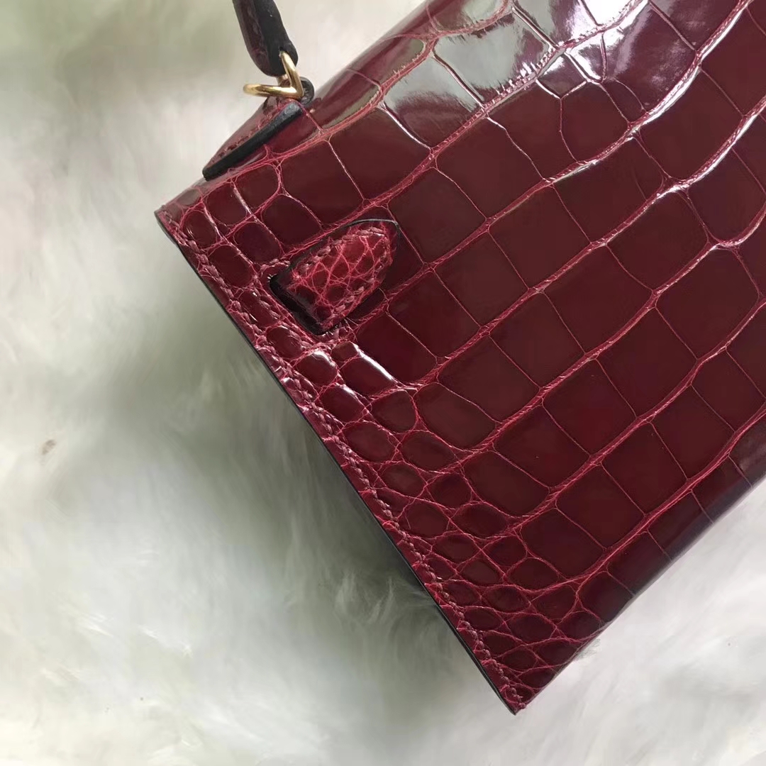 Noble Hermes F5 Bourgogne Red Shiny Crocodile Leather Minikelly-2 Clutch Bag
