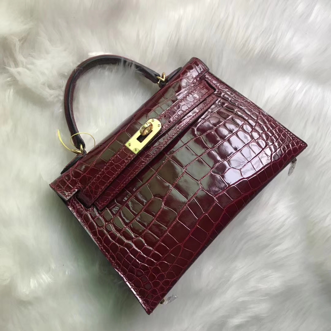 Noble Hermes F5 Bourgogne Red Shiny Crocodile Leather Minikelly-2 Clutch Bag