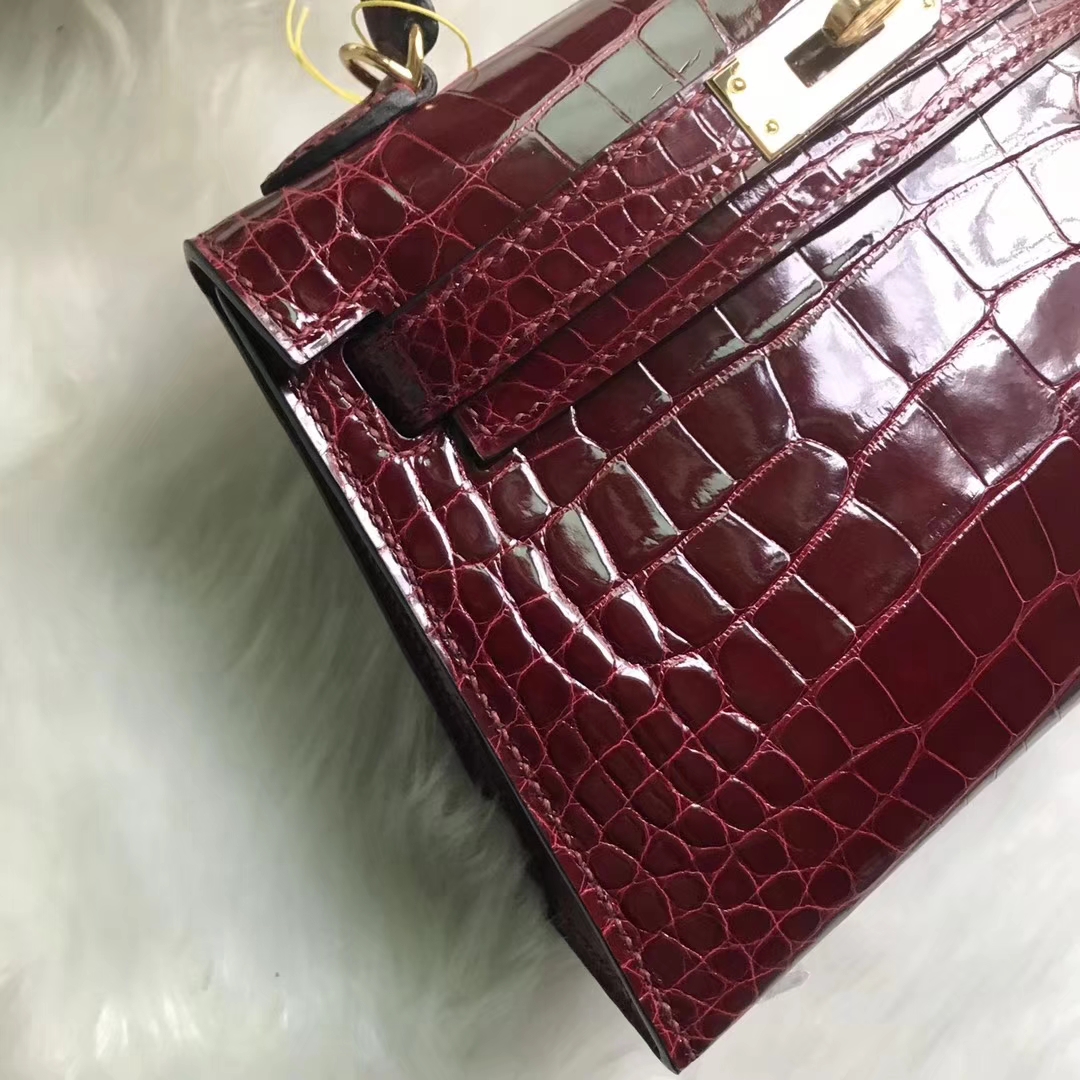 Noble Hermes F5 Bourgogne Red Shiny Crocodile Leather Minikelly-2 Clutch Bag