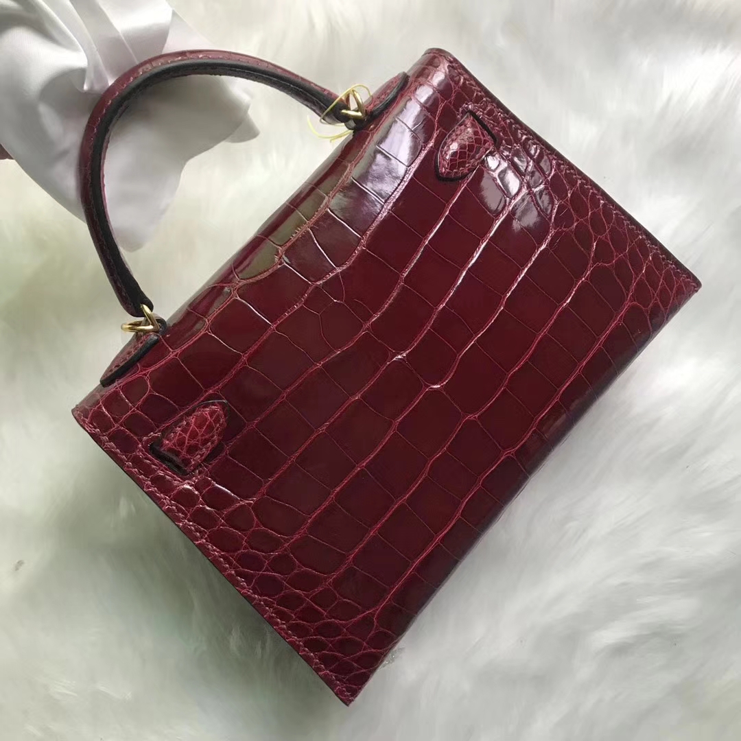 Noble Hermes F5 Bourgogne Red Shiny Crocodile Leather Minikelly-2 Clutch Bag