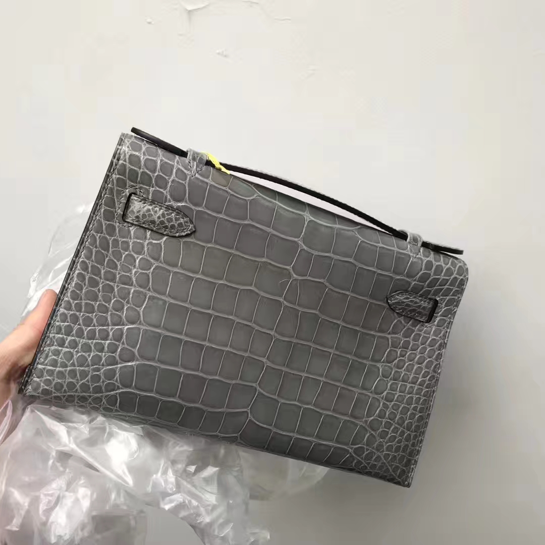 Wholesale Hermes C81 Gris Tourterelle Shiny Crocodile Minikelly Clutch Bag22CM