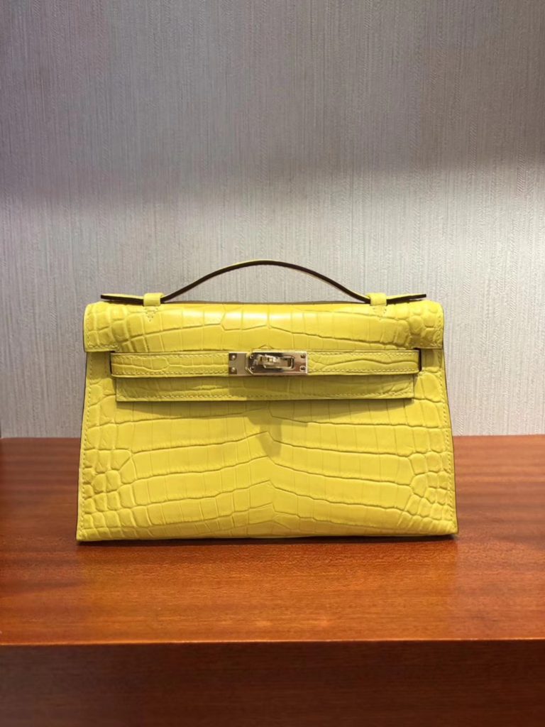Hermes 9R Lemon Yellow Matt Crocodile Leather Minikelly Clutch Bag
