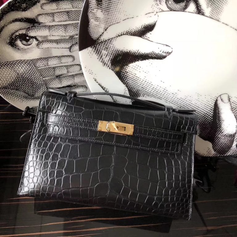 Hermes Crocodile Leather Minikelly Clutch Bag in Black Gold Hardware