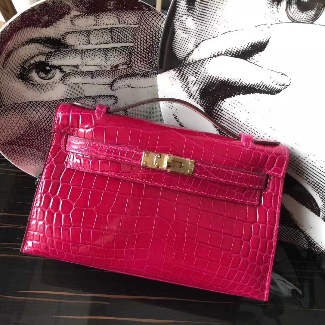Elegant Hermes Crocodile Leather Minikelly Evening Clutch Bag Gold Hardware