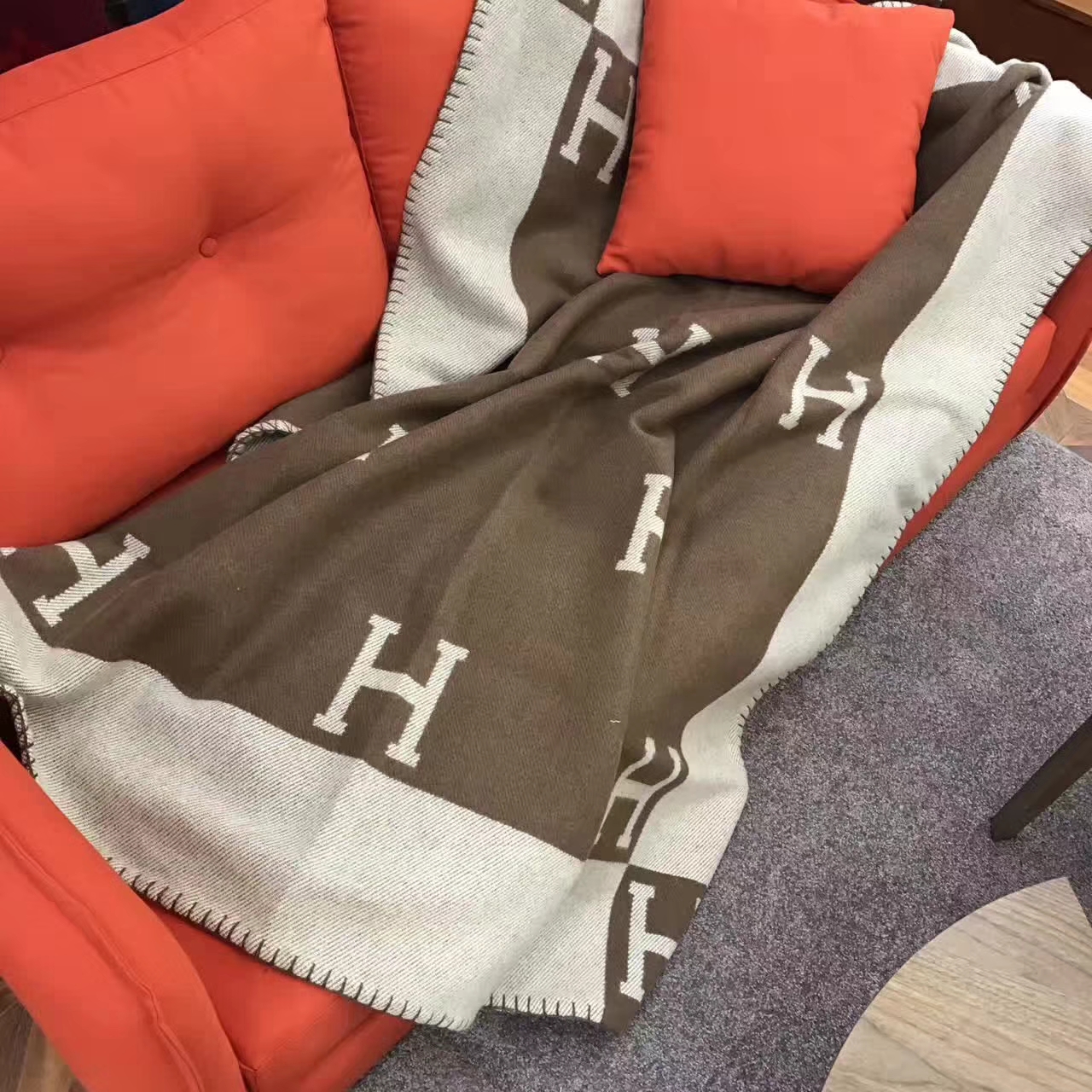 Discount Hermes Cashmere H Printing Blanket Scarf 140*160cm in Coffee