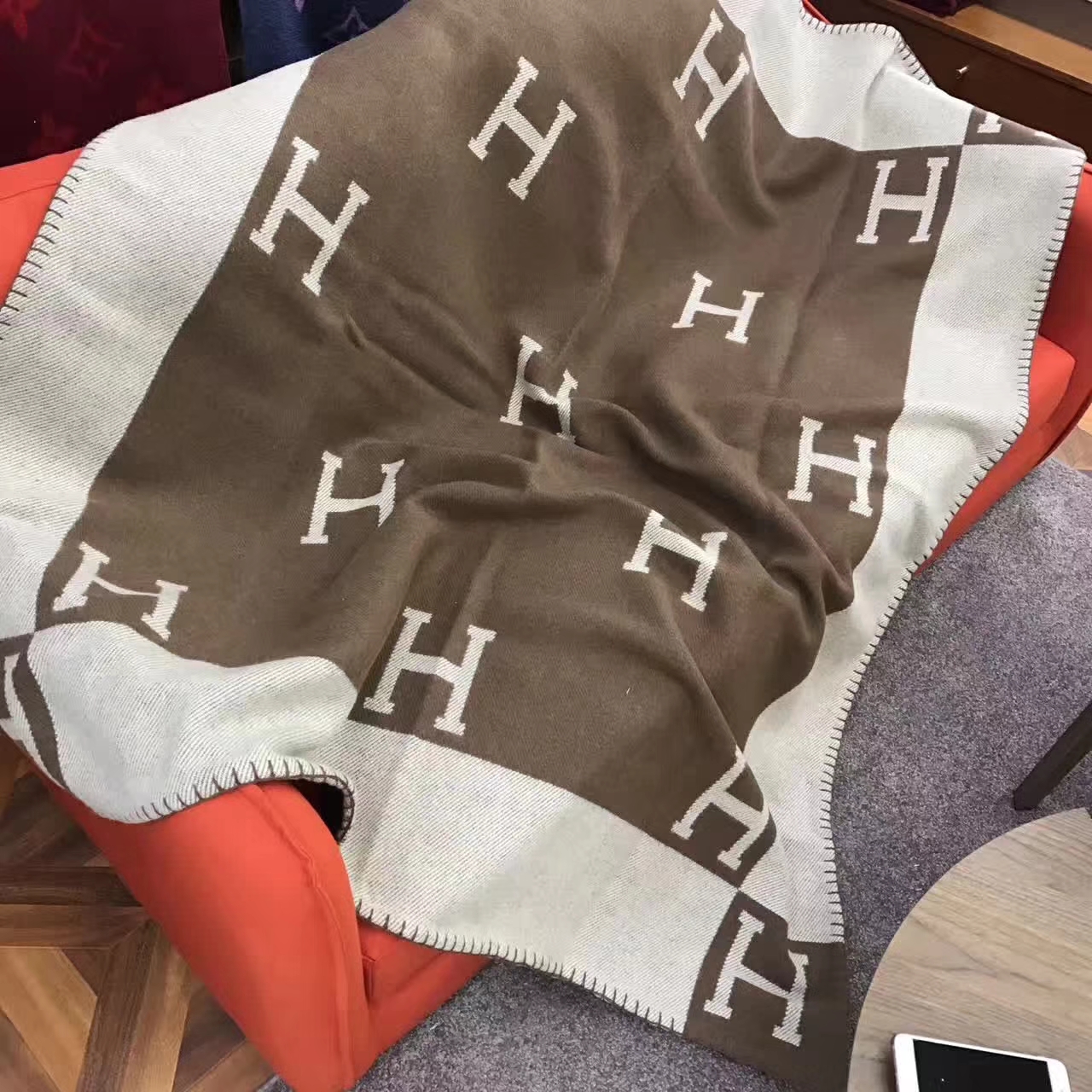 Discount Hermes Cashmere H Printing Blanket Scarf 140*160cm in Coffee