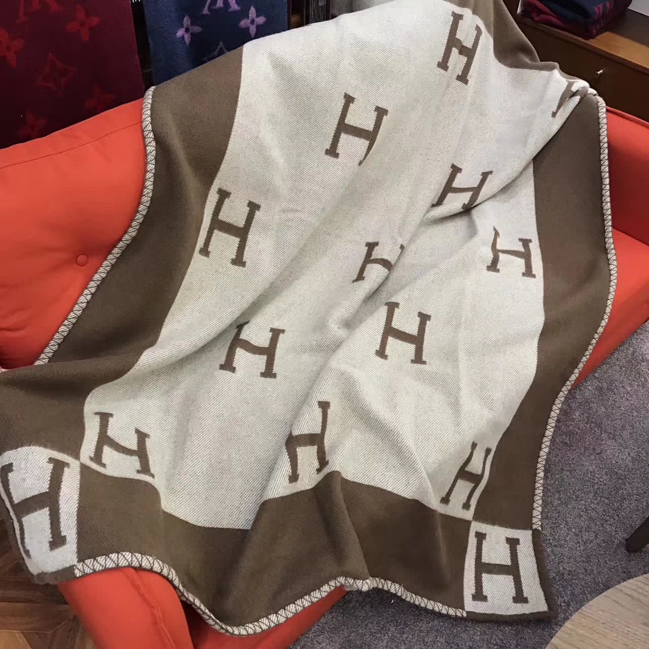 Discount Hermes Cashmere H Printing Blanket Scarf 140*160cm in Coffee