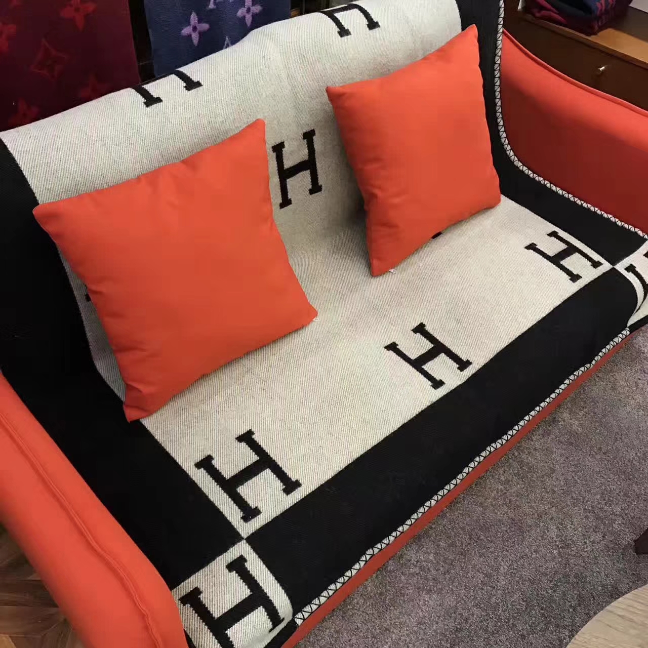 Cheap Hermes H Printing Blanket Scarf in Black Cashmere