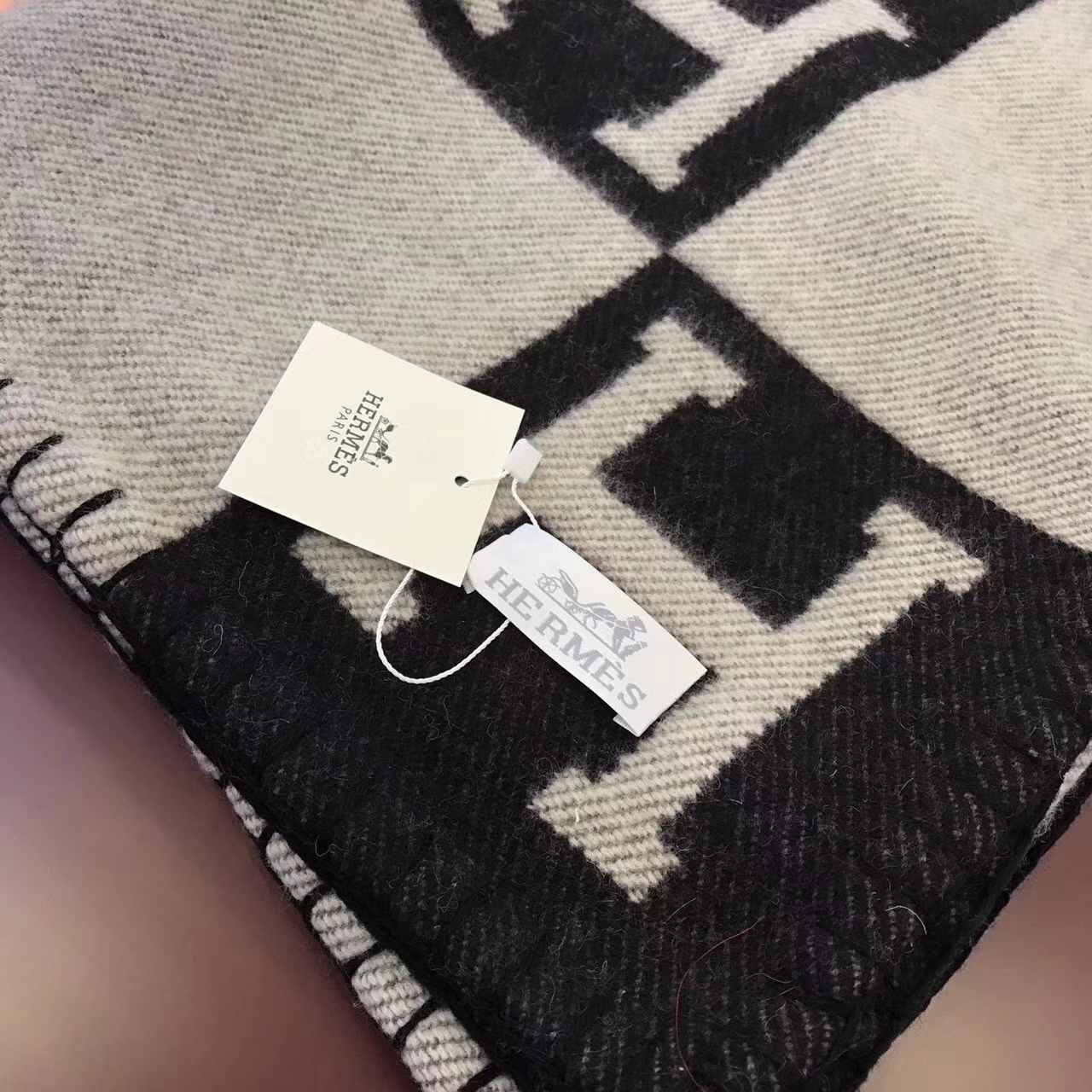 Cheap Hermes H Printing Blanket Scarf in Black Cashmere