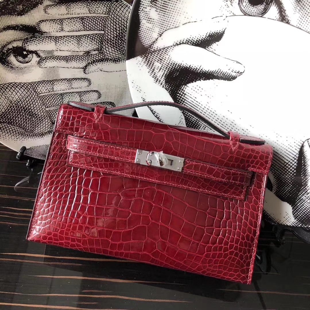 Fashion Hermes Shiny Crocodile Leather Minikelly Pochette Clutch Bag22CM
