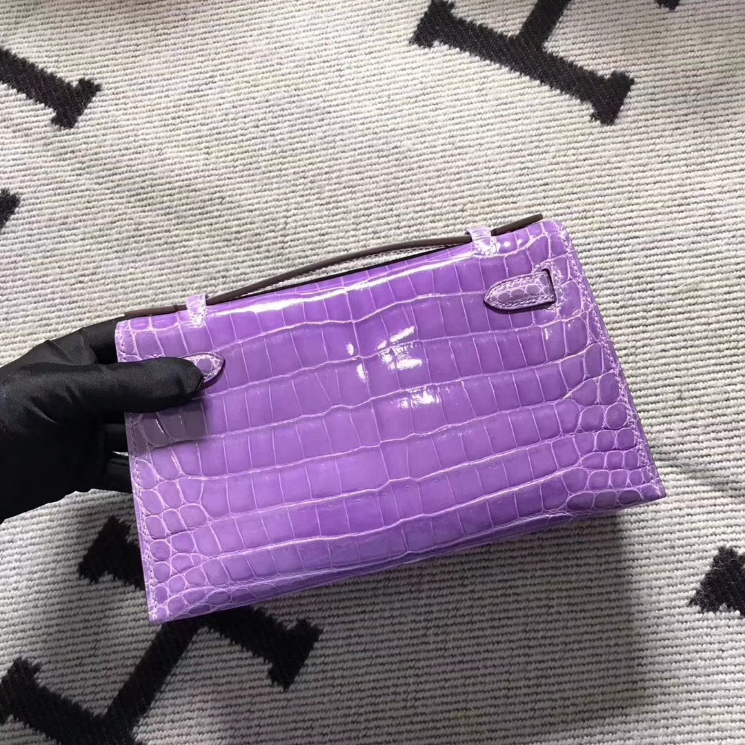 High Quality Hermes Lavender Purple Shiny Crocodile Minikelly Clutch Bag22CM