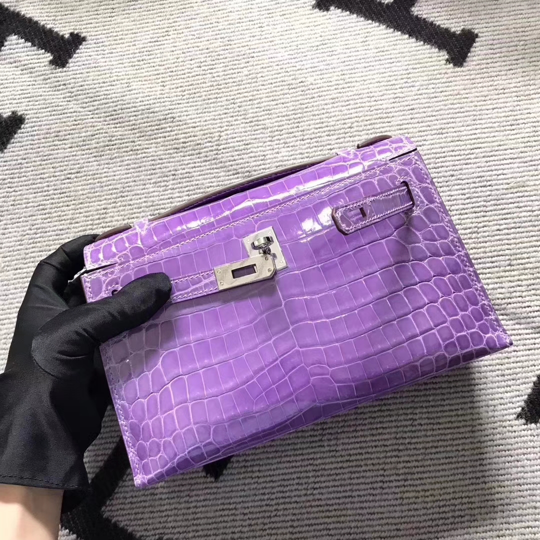 High Quality Hermes Lavender Purple Shiny Crocodile Minikelly Clutch Bag22CM