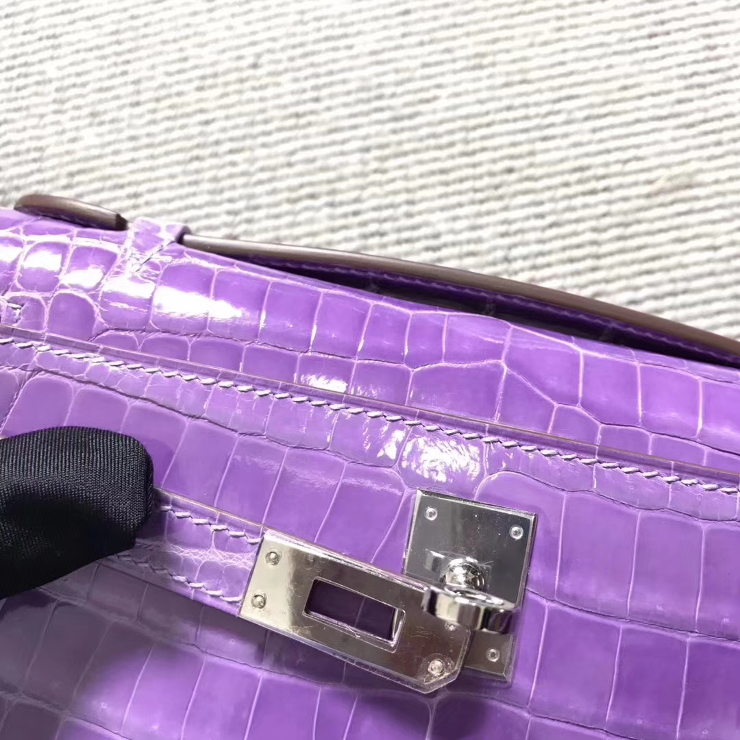 High Quality Hermes Lavender Purple Shiny Crocodile Minikelly Clutch Bag22CM