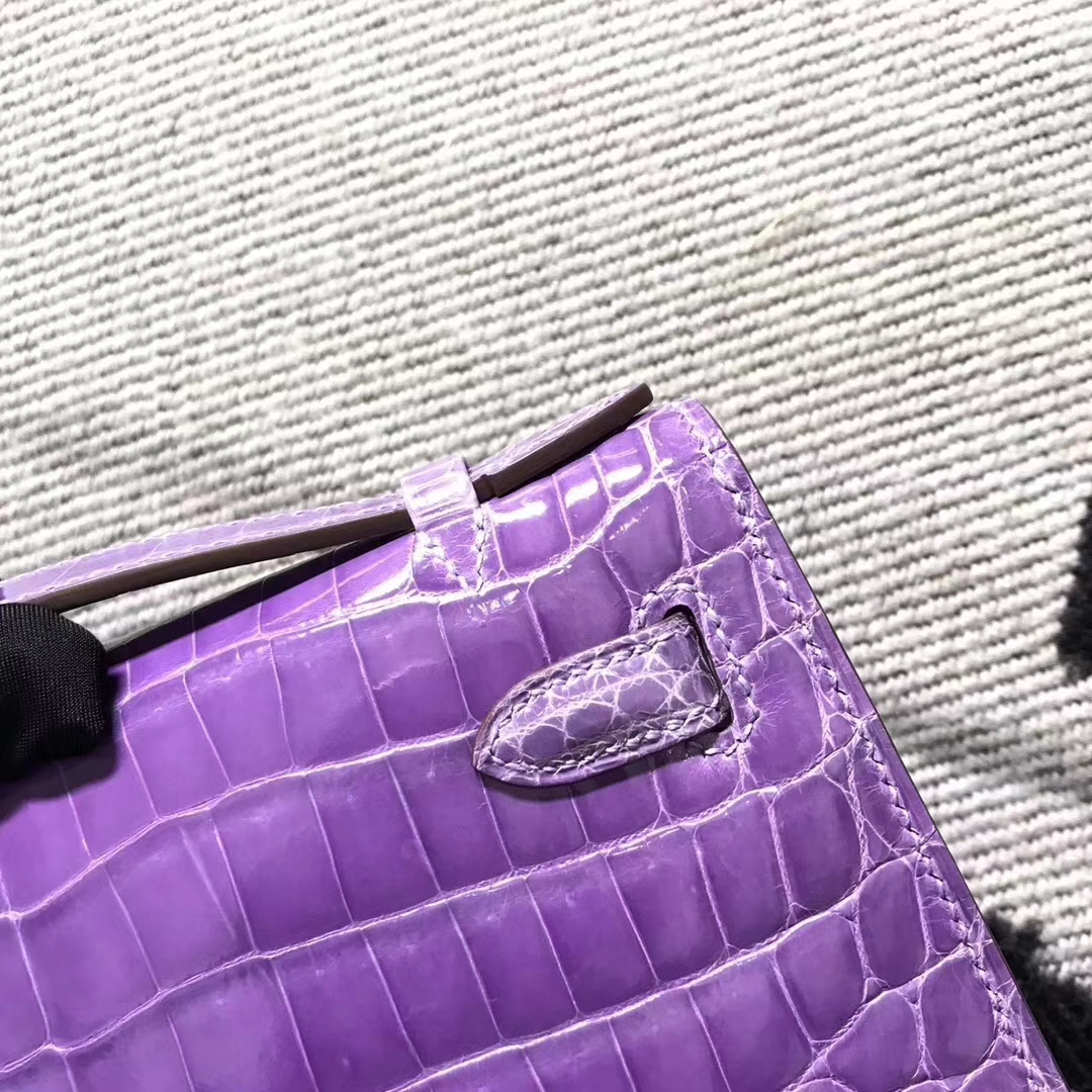 High Quality Hermes Lavender Purple Shiny Crocodile Minikelly Clutch Bag22CM