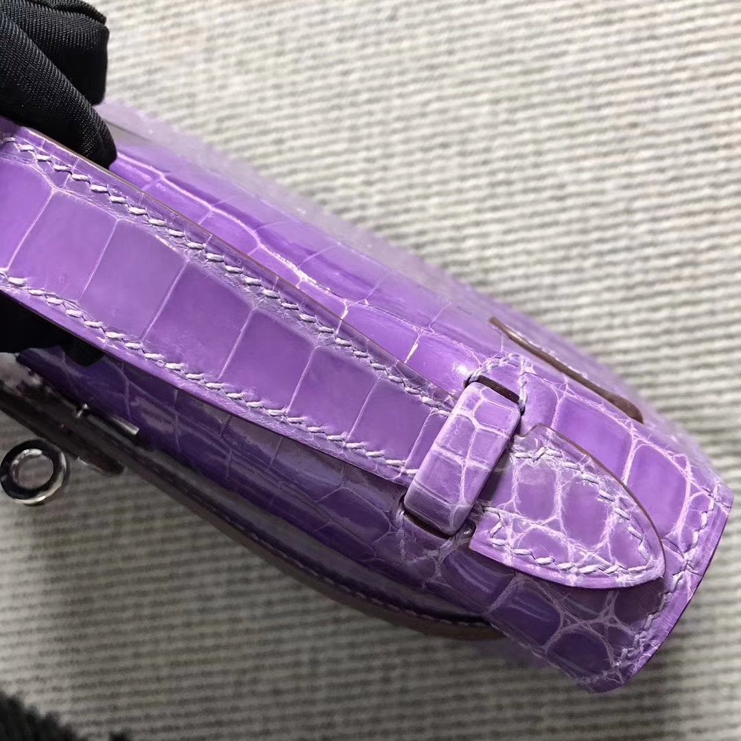 High Quality Hermes Lavender Purple Shiny Crocodile Minikelly Clutch Bag22CM