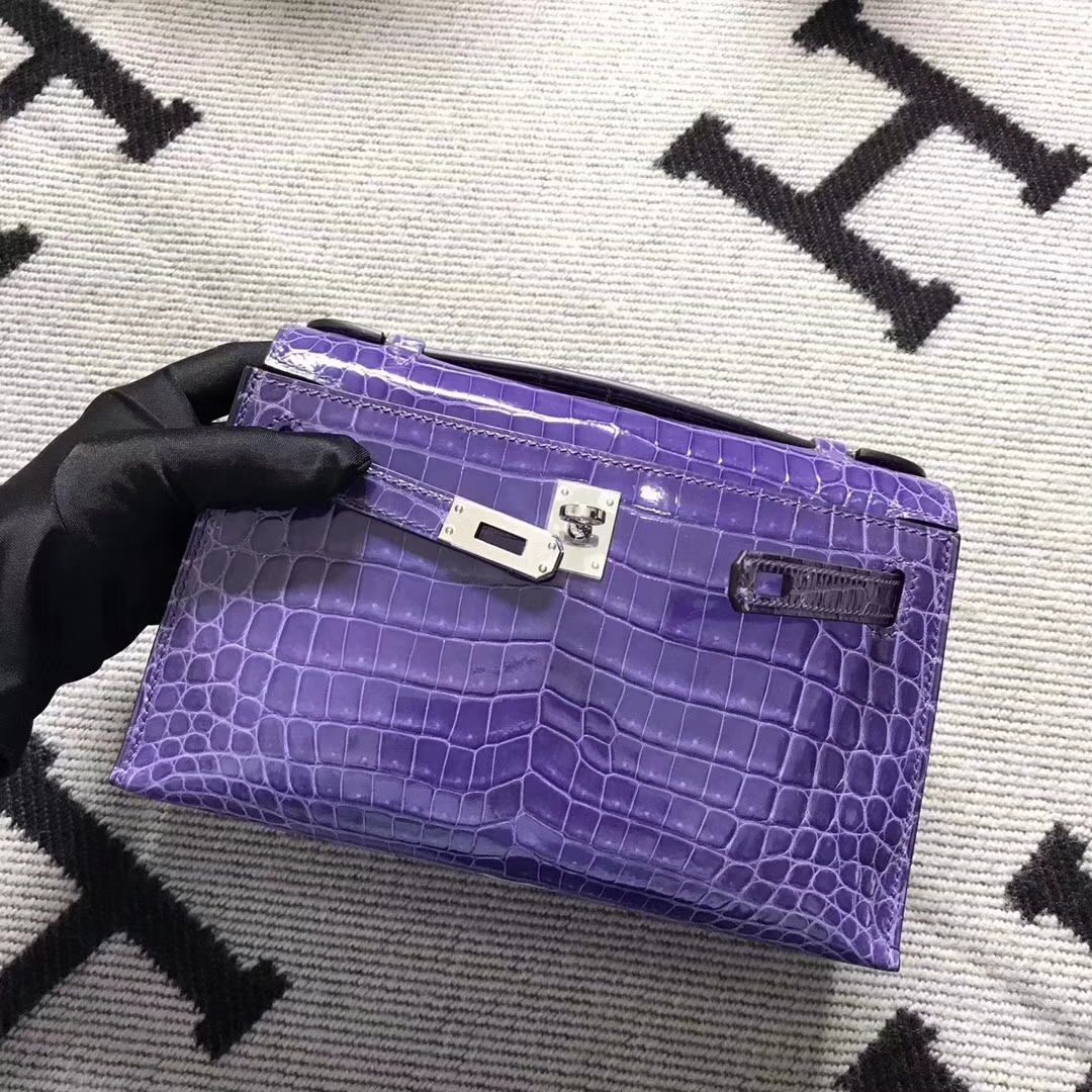 Sale Hermes Shiny Crocodile Minikelly Pochette 22CM in Light Purple Silver Hardware