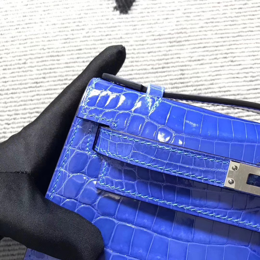 Luxury Hermes Mykonos Blue Shiny Crocodile Minikelly Clutch Bag22CM