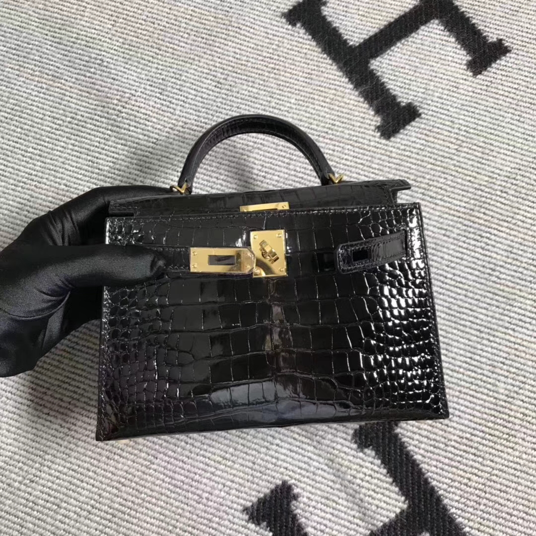 Discount Hermes Black Shiny Crocodile Leather Minikelly-2 Clutch Bag Gold Hardware