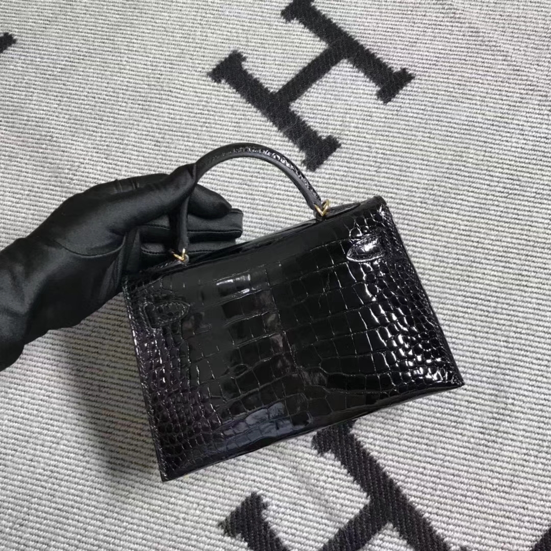 Discount Hermes Black Shiny Crocodile Leather Minikelly-2 Clutch Bag Gold Hardware