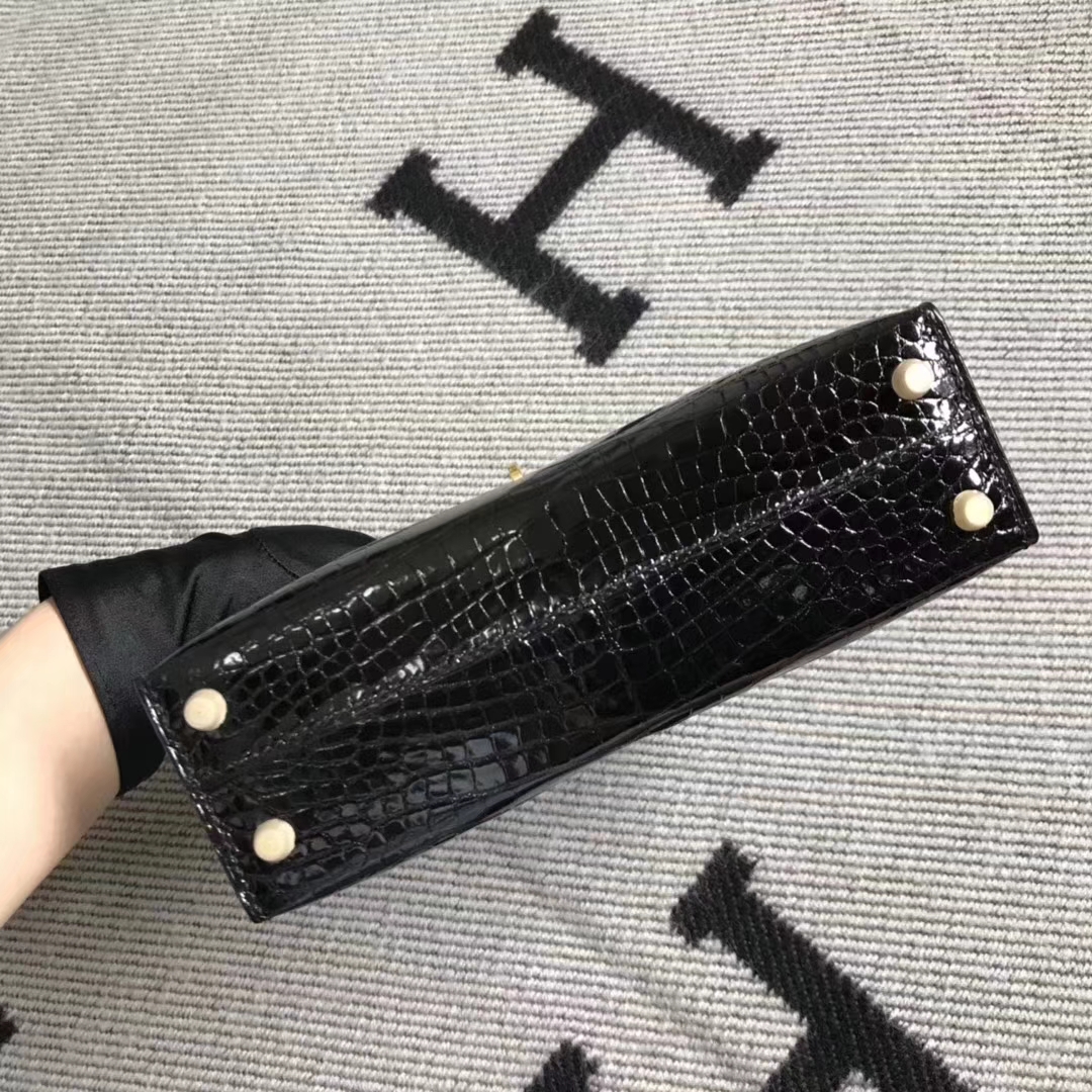 Discount Hermes Black Shiny Crocodile Leather Minikelly-2 Clutch Bag Gold Hardware