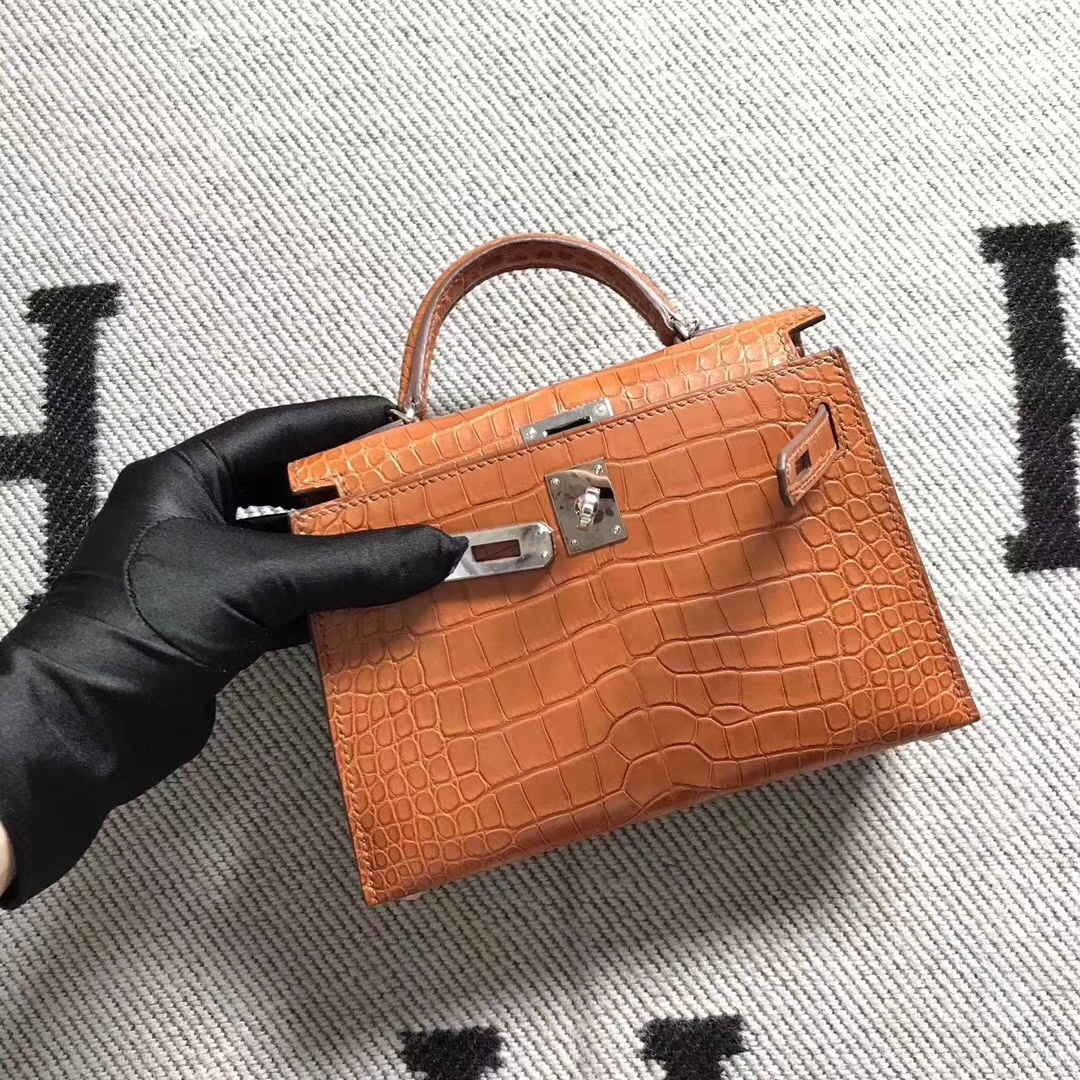 Hand Stitching Hermes Amber Color Matt Crocodile Minikelly-2 Clutch Bag