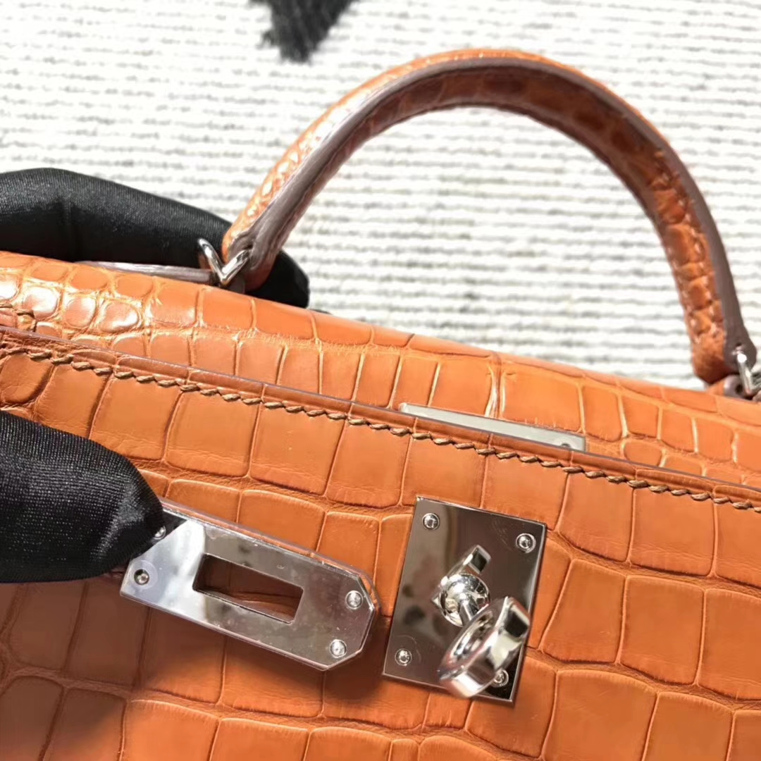Hand Stitching Hermes Amber Color Matt Crocodile Minikelly-2 Clutch Bag