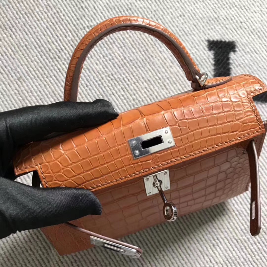 Hand Stitching Hermes Amber Color Matt Crocodile Minikelly-2 Clutch Bag