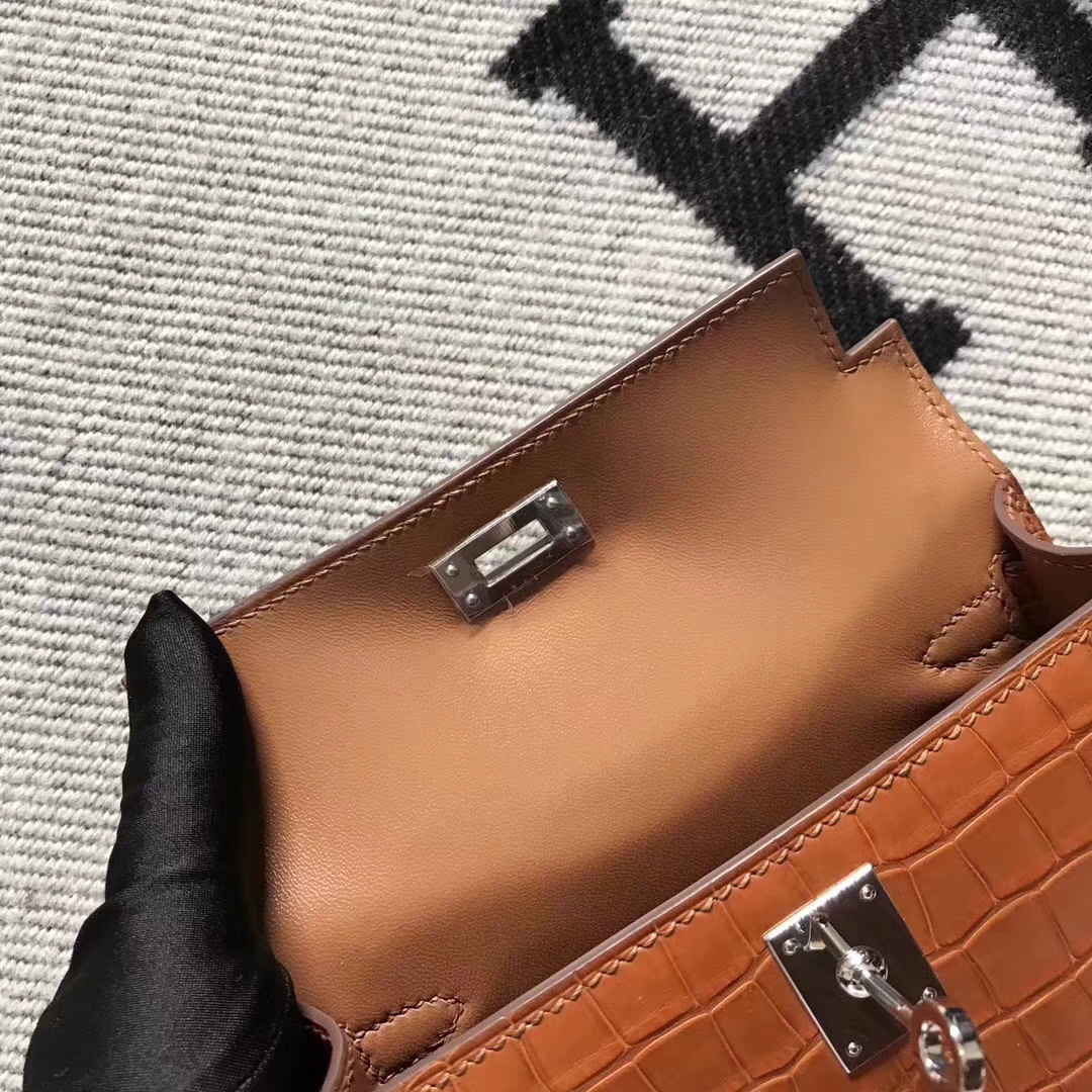 Hand Stitching Hermes Amber Color Matt Crocodile Minikelly-2 Clutch Bag