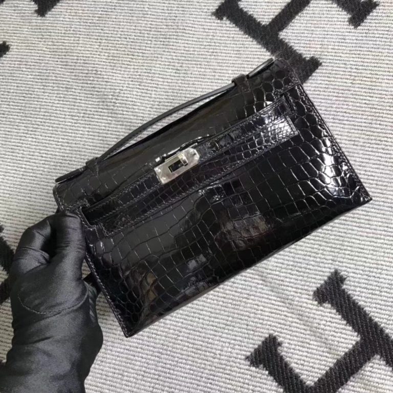 Hermes Black Shiny Crocodile Leather Minikelly 22CM Clutch Bag Silver Hardware