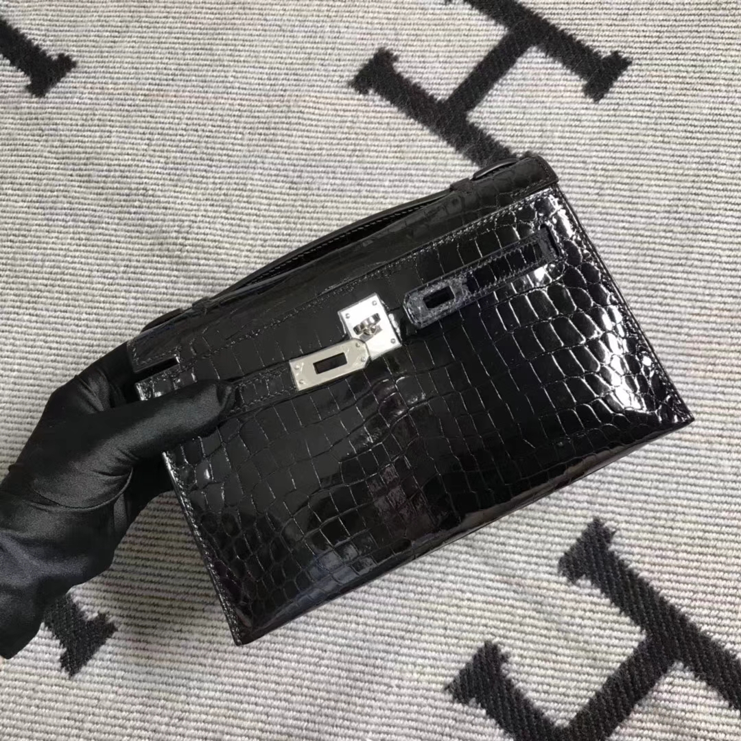Elegant Hermes Black Shiny Crocodile Leather Minikelly22CM Clutch Bag Silver Hardware