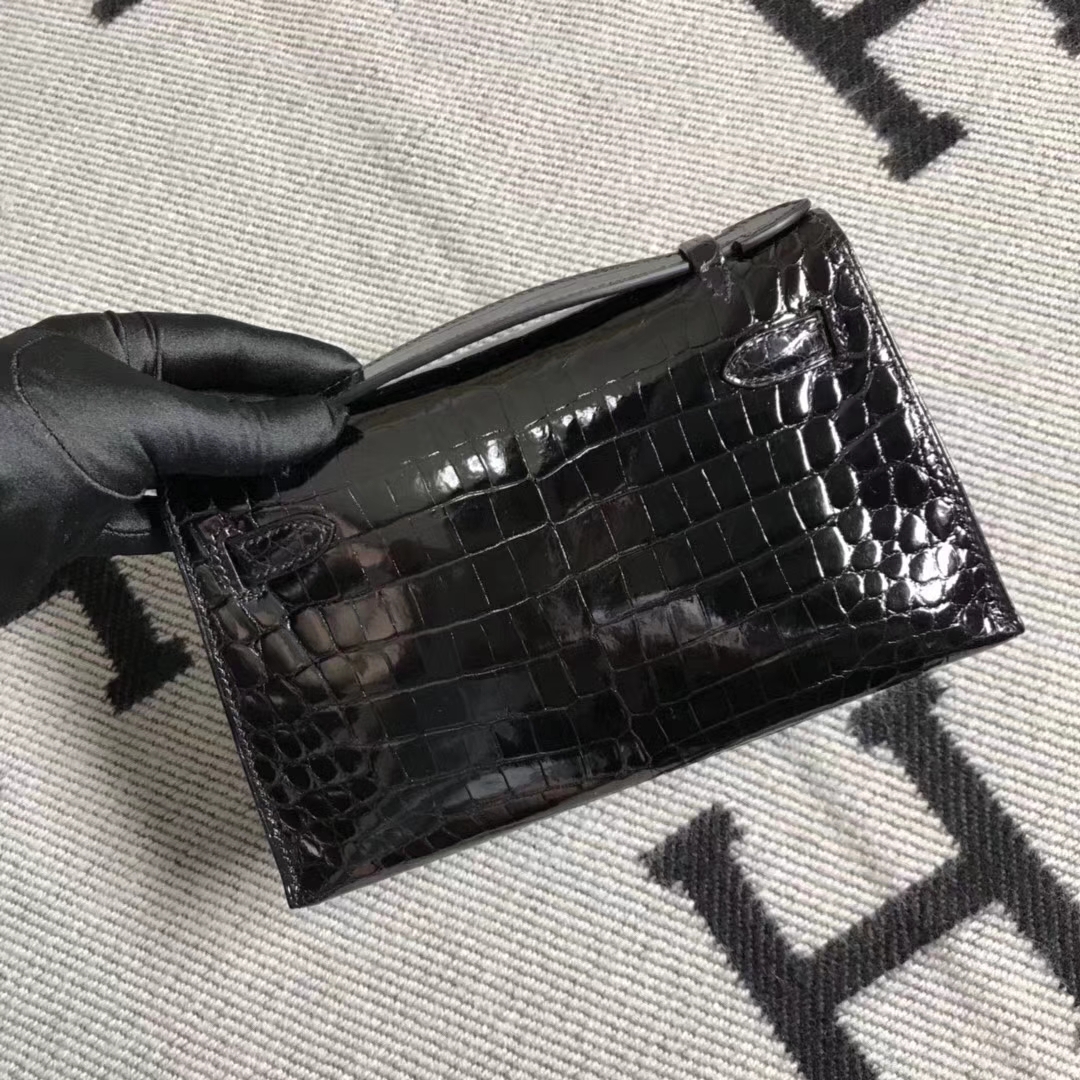 Elegant Hermes Black Shiny Crocodile Leather Minikelly22CM Clutch Bag Silver Hardware