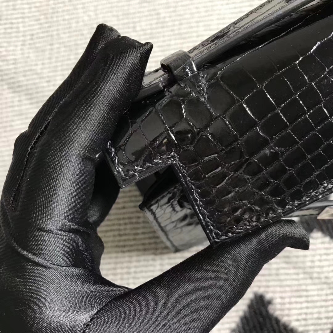 Elegant Hermes Black Shiny Crocodile Leather Minikelly22CM Clutch Bag Silver Hardware