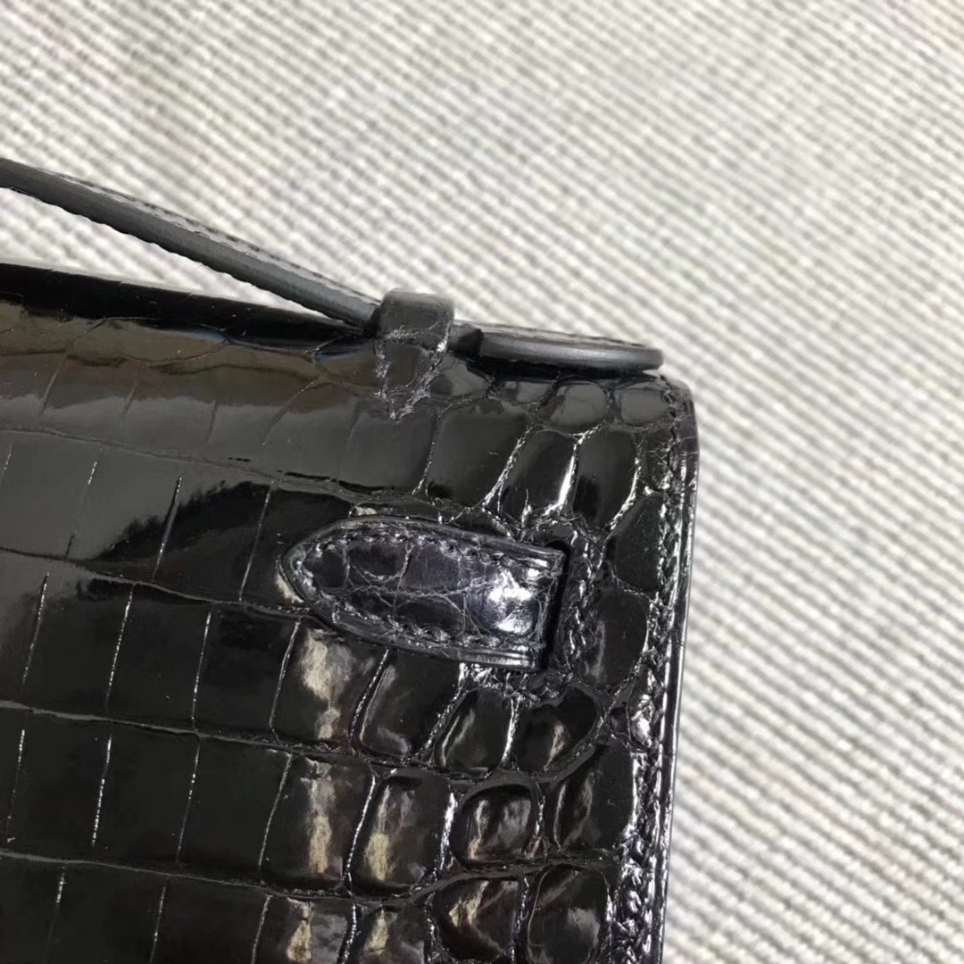 Elegant Hermes Black Shiny Crocodile Leather Minikelly22CM Clutch Bag Silver Hardware