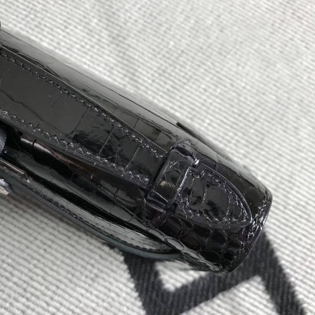 Elegant Hermes Black Shiny Crocodile Leather Minikelly22CM Clutch Bag Silver Hardware