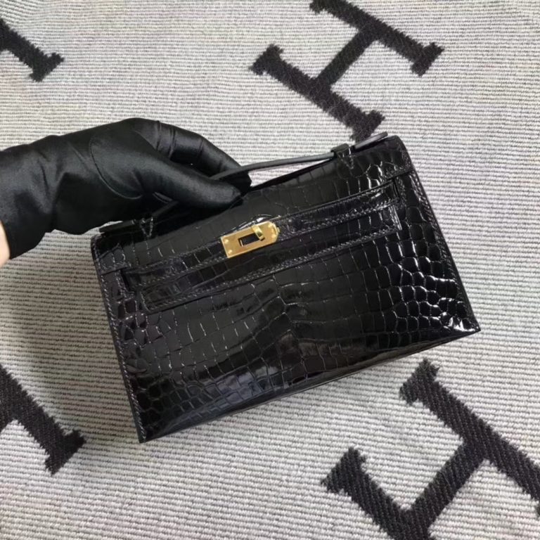 Hermes Shiny Crocodile Leather Minikelly Pochette Bag in Black Gold Hardware