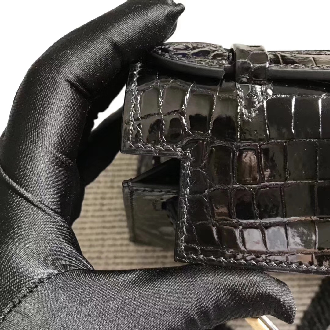 Sale Hermes Shiny Crocodile Leather Minikelly Pochette Bag in Black Gold Hardware