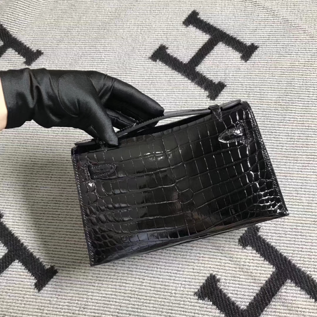 Sale Hermes Shiny Crocodile Leather Minikelly Pochette Bag in Black Gold Hardware