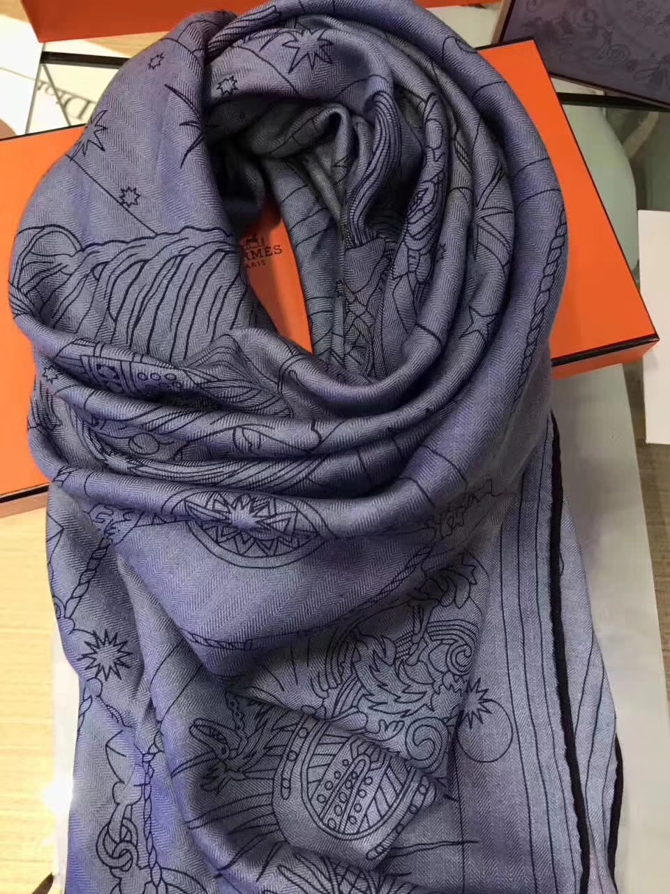Elegant Hermes Cashmere 【H-Program】Women’s Scarf in Blue 140*140cm