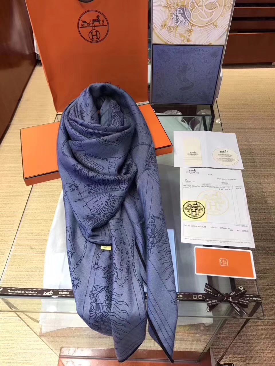 Elegant Hermes Cashmere 【H-Program】Women’s Scarf in Blue 140*140cm