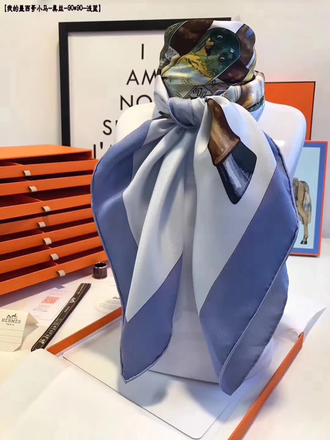 Fashion Hermes Grade-A Women&#8217;s Silk Scarf Neckerchief in Light Blue90*90cm