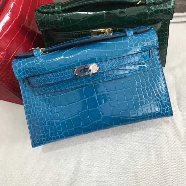 Hermes 7W Blue Izmir Shiny Crocodile Leather Minikelly Clutch Bag