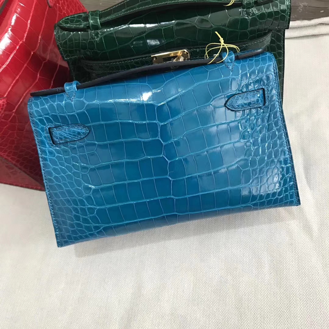 Discount Hermes 7W Blue Izmir Shiny Crocodile Leather Minikelly Clutch Bag