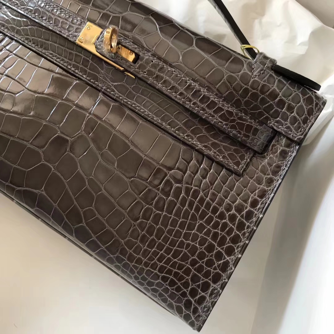 Discount Hermes Shiny Crocodile Minikelly Clutch Bag in Pencil Grey