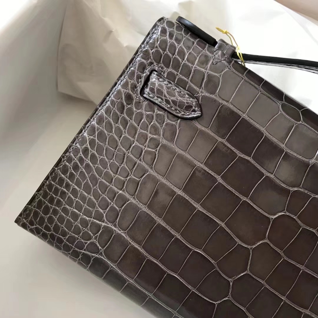 Discount Hermes Shiny Crocodile Minikelly Clutch Bag in Pencil Grey