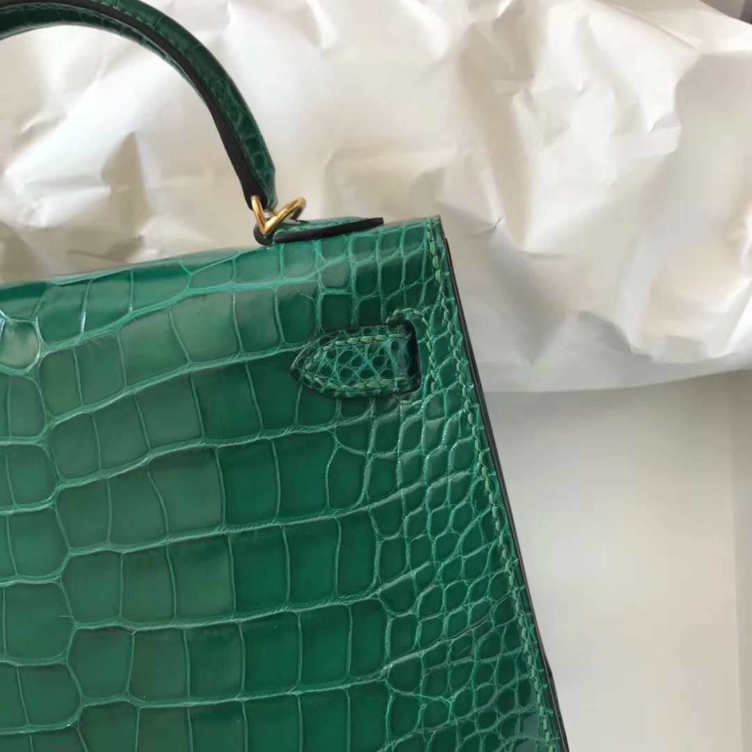 New Hermes 6Q Emerald Green Shiny Crocodile Leather Minikelly-2 Clutch Bag