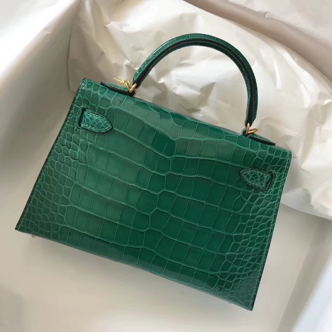 New Hermes 6Q Emerald Green Shiny Crocodile Leather Minikelly-2 Clutch Bag