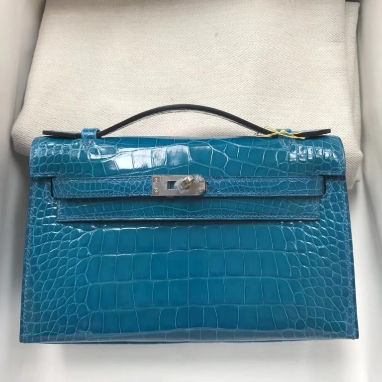 Hermes 7W Blue Izmir Shiny Crocodile Leather Minikelly Evening Bag