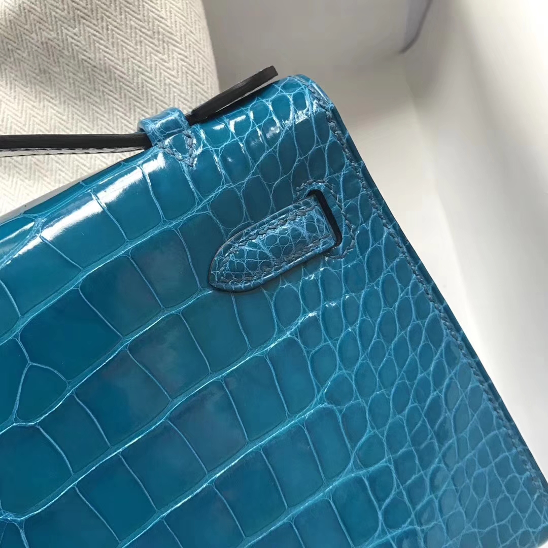 Discount Hermes 7W Blue Izmir Shiny Crocodile Leather Minikelly Evening Bag