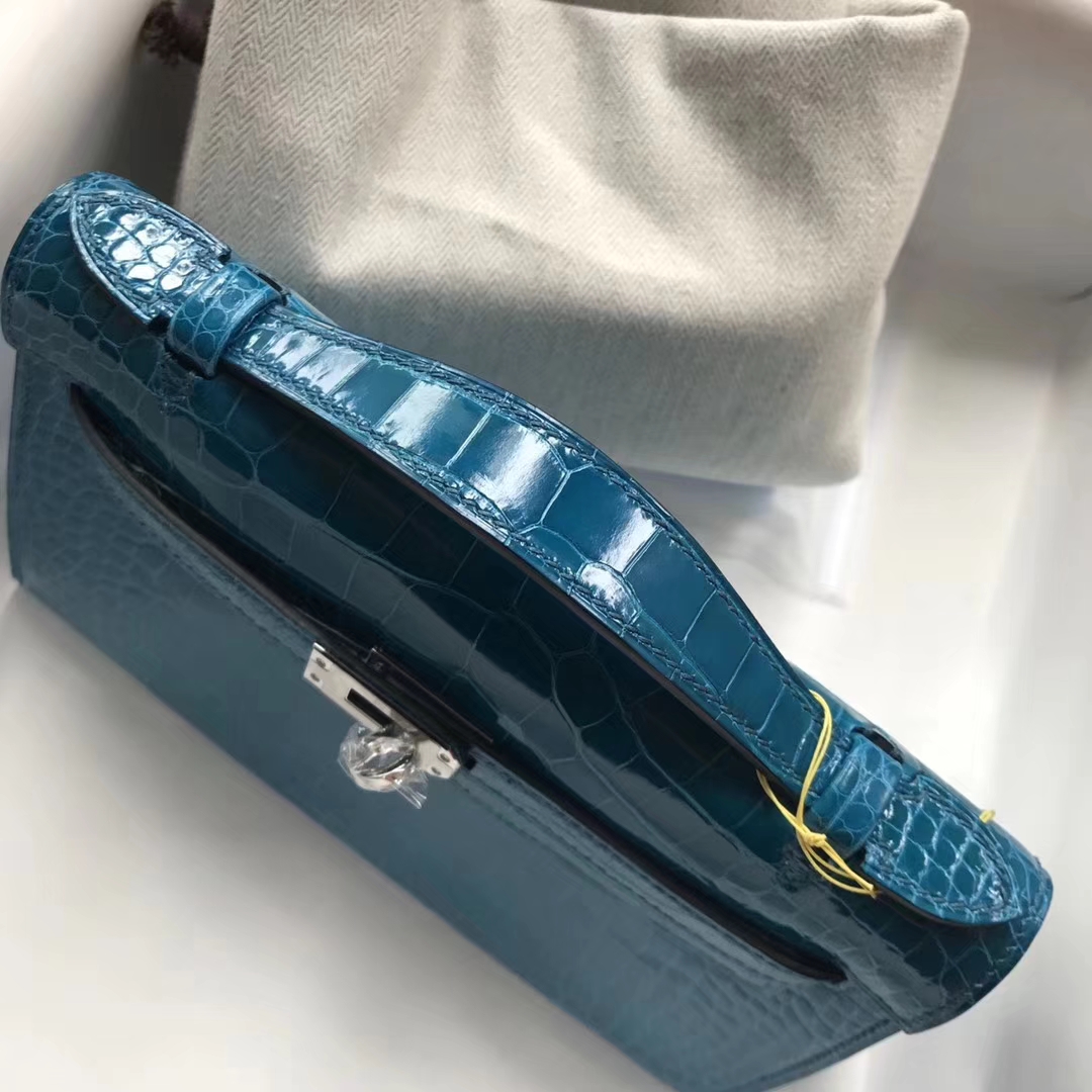 Discount Hermes 7W Blue Izmir Shiny Crocodile Leather Minikelly Evening Bag