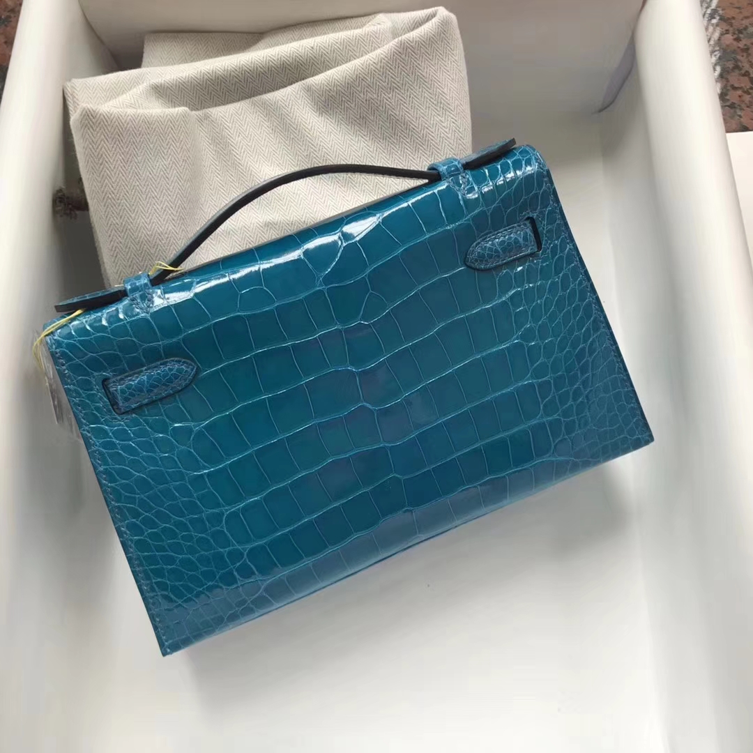 Discount Hermes 7W Blue Izmir Shiny Crocodile Leather Minikelly Evening Bag
